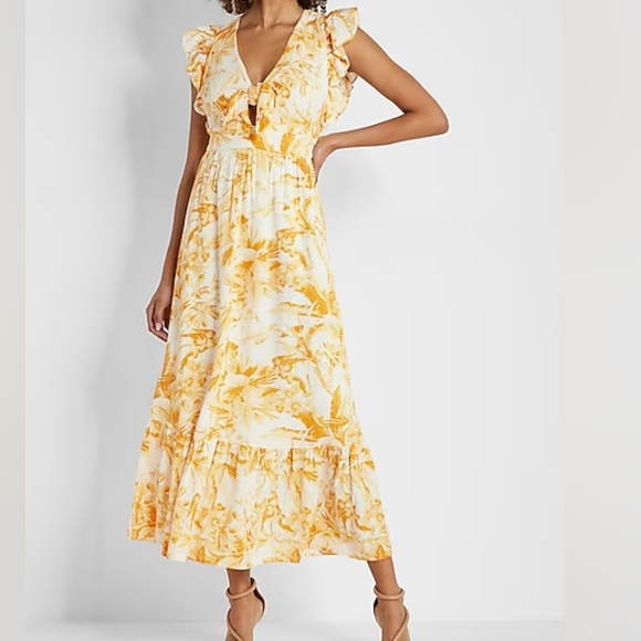 Express Yellow Gold Printed Flutter Sleeve Tie Front Midi Linen-Blend Dress Sz S - Picture 1 of 9